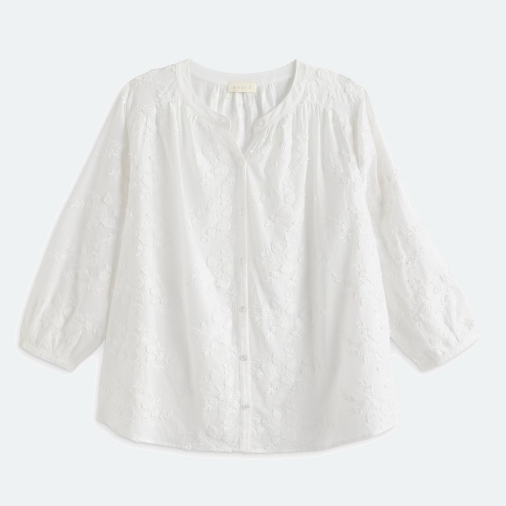 White Embroidered Button-Front Peasant Blouse